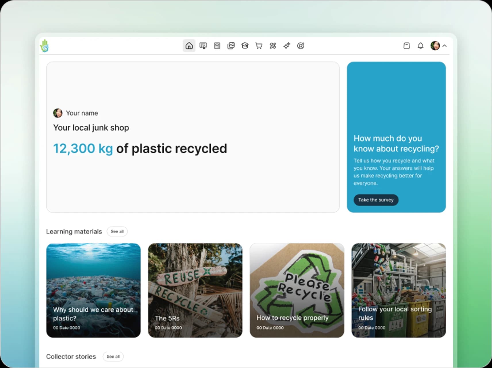 Plastic Bank household portal showing plastic recycled weight, a recycling survey, and learning materials