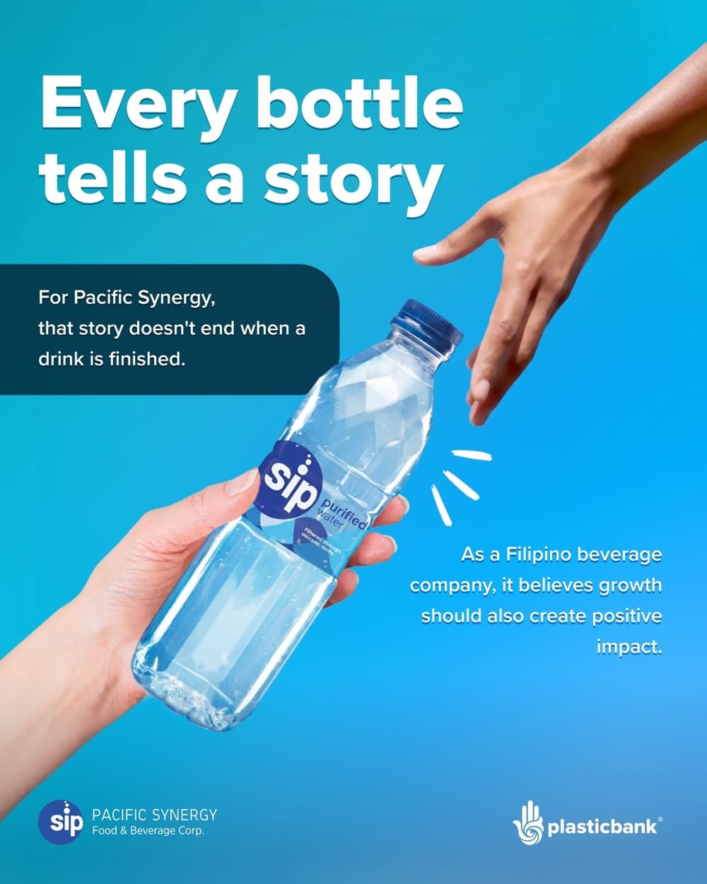 Instagram post: every bottle tells a story, with Pacific Synergy's sip water
