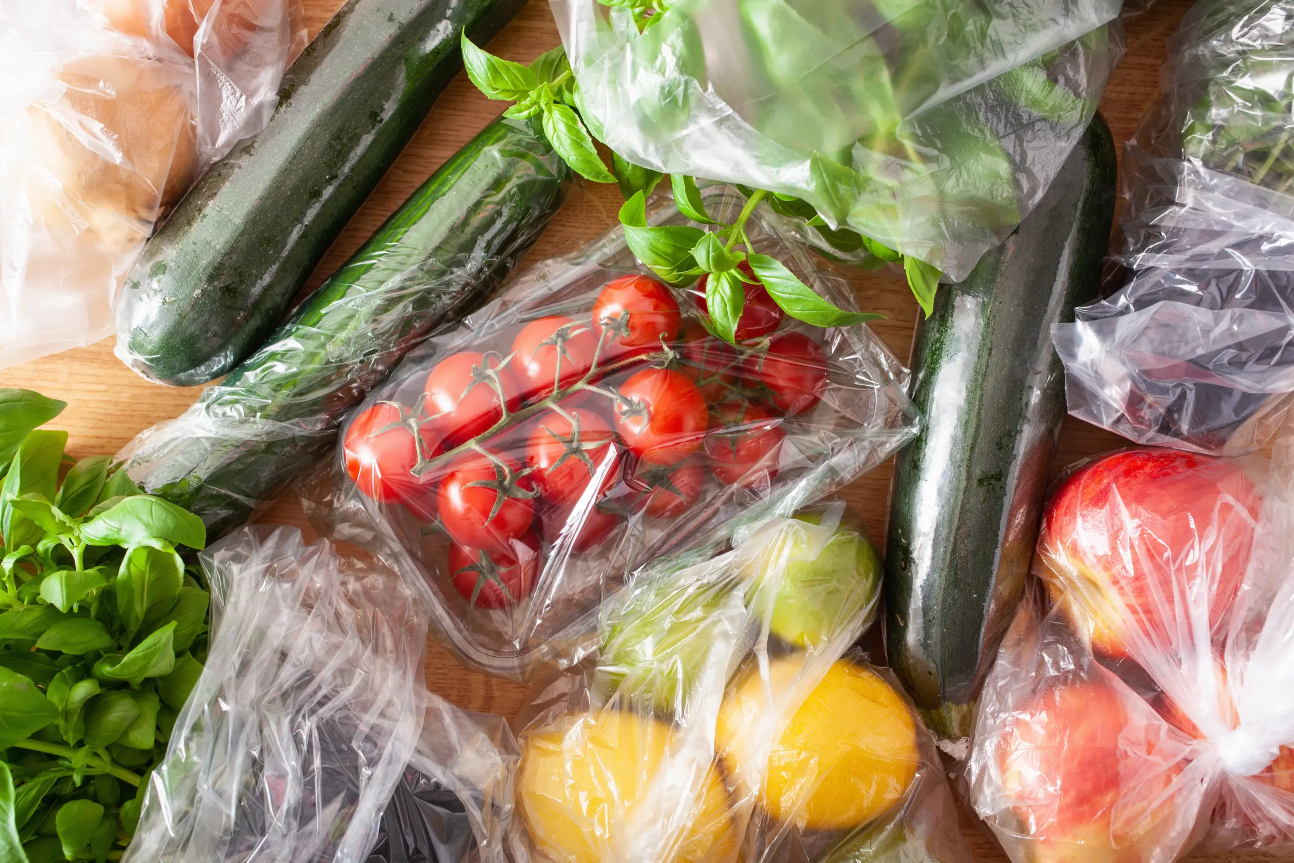 fruits and vegetables wrapped in flexible plastic
