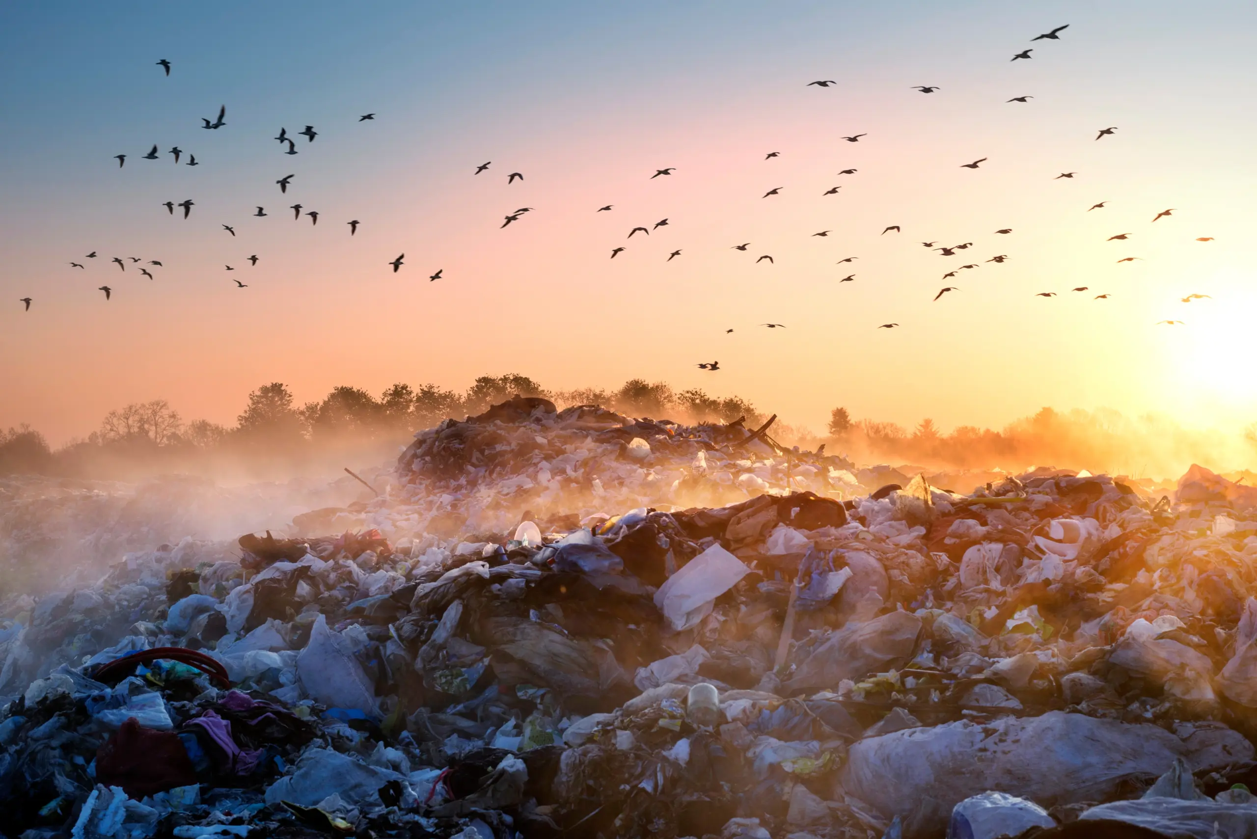 landfill with birds flying above