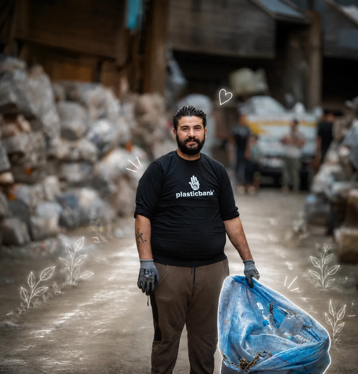 Merzek, a Plastic Bank collection member in Egypt, holding a sack of gathered bottles