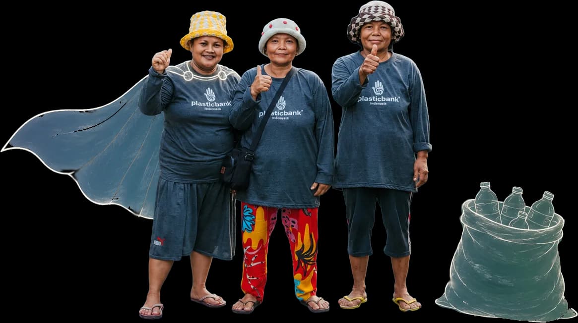 Three Plastic Bank collection members in Indonesia giving a thumbs up, one wearing a drawn cape, beside a drawn sack of bottles