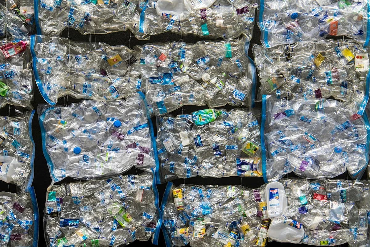 Compressed plastic bottles ready for recycling